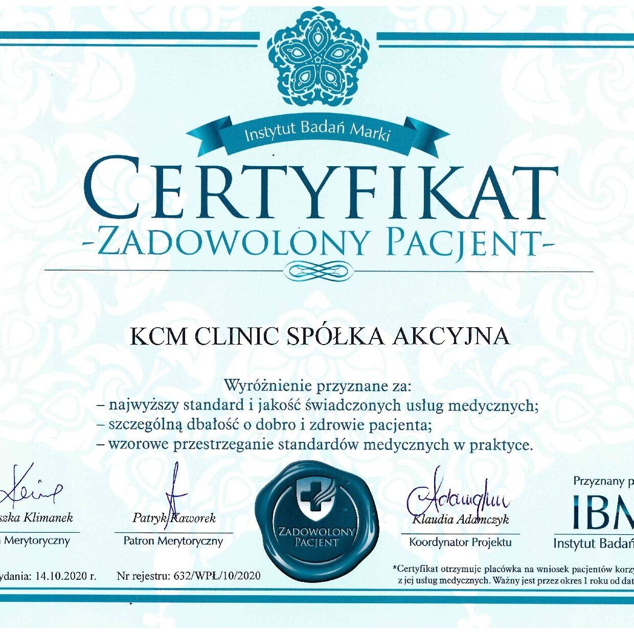 COVID 19 Certyfikat Bezpieczna Placówka Medyczna - KCM Clinic